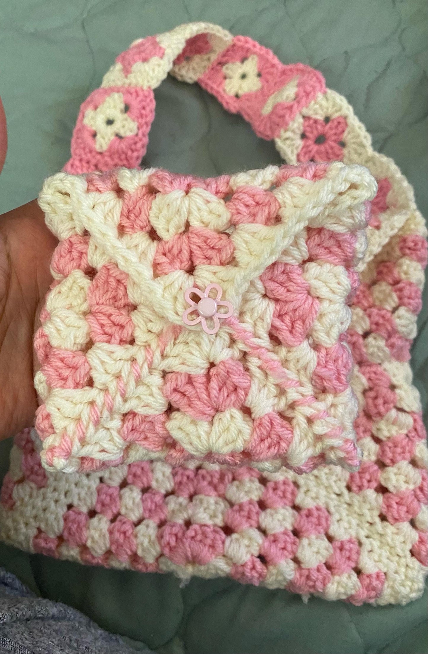 Pink and white crochet granny square purse with mini coin purse