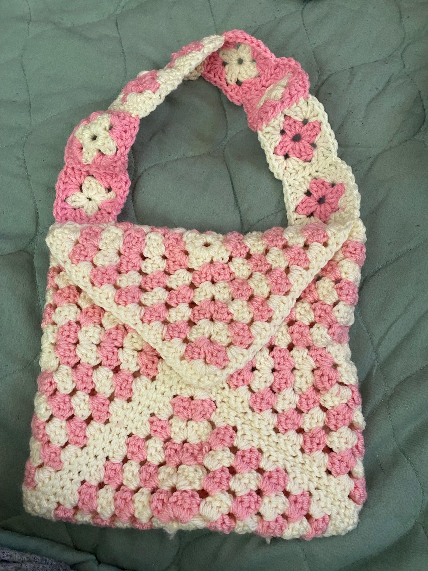 Pink and white crochet granny square purse with mini coin purse