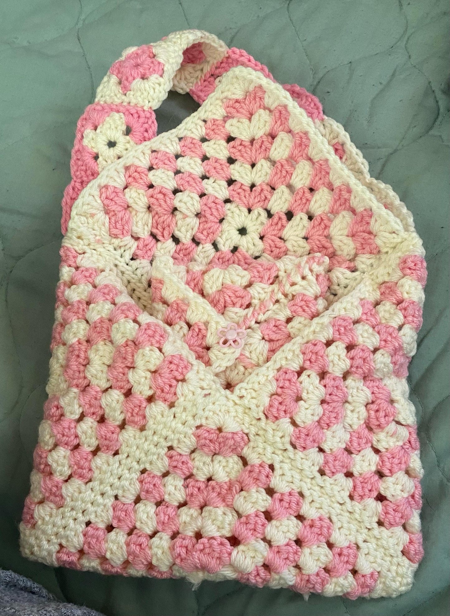 Pink and white crochet granny square purse with mini coin purse